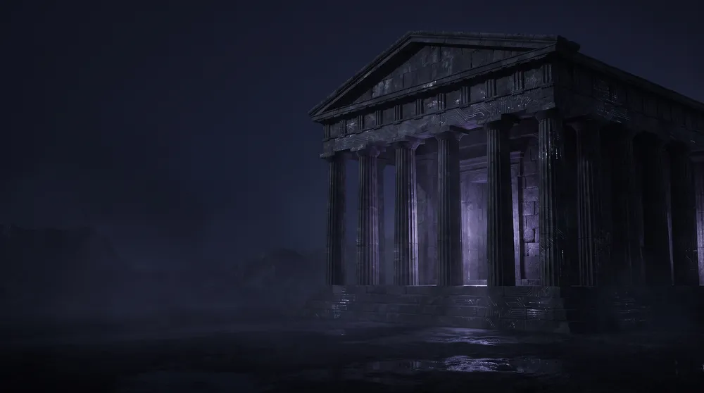 Dark classical temple representing decentralized governance